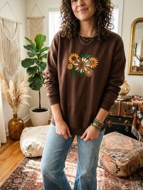 Brown Sunflower Graphic Crewneck Sweatshirt